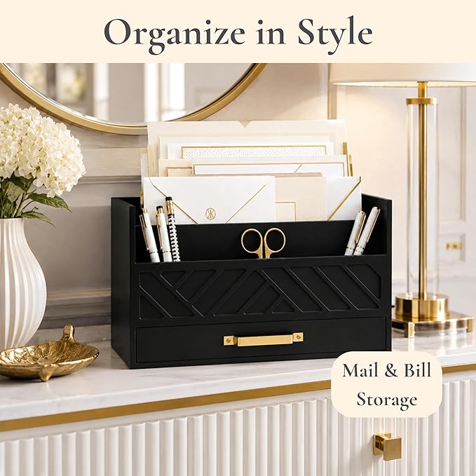 BLU MONACO | Wooden Mail Organizer with Drawer and Gold Handle | Mail Sorter Organizer Countertop for Desk | Outgoing Mail Holder and Letter Sorter for Desk Storage - Image 3