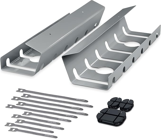 PAMO Cable Management Under Desk, Set of 2 - Grey/Silver | Easy under-table mounting keeps cables organized, includes 10 cable ties for a clean and tidy office or home workspace. - Image 2