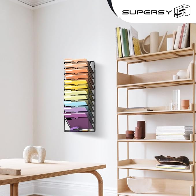 12-Tier Wall File Organizer, Mesh Hanging Wall Mount File Holder | Paper, Folder, Magazine Rack Great for Office Home School, Assembly Needed, Black - Image 7