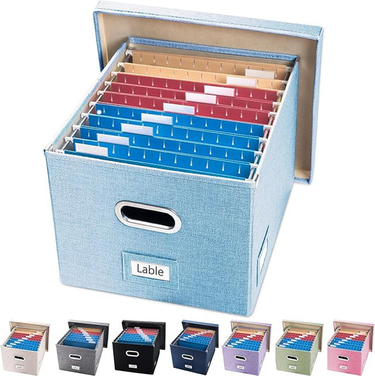 File Organizer Box - Set of 1 Collapsible Decorative Linen Filing Storage Hanging File Folders with Lids Office Cabinet Letter/Legal Blue (17x14x11.2 inch) by Prandom