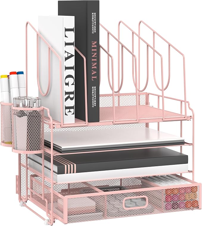 DALTACK 4-Tier Mesh Desk Organizer with Drawer, Desktop Organizer with 5 Vertical File Holders and 2 Pen Holders, File Organizer for Desk, Multifunction Office Desk Accessories, Pink by DALTACK