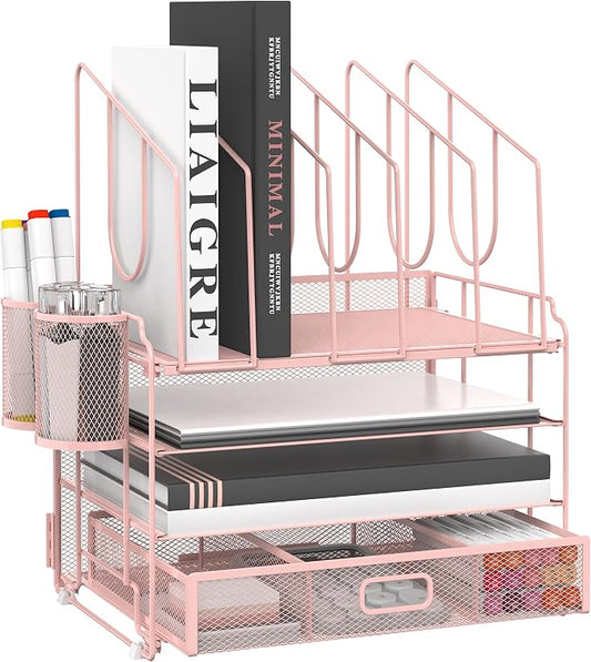DALTACK 4-Tier Mesh Desk Organizer with Drawer, Desktop Organizer with 5 Vertical File Holders and 2 Pen Holders, File Organizer for Desk, Multifunction Office Desk Accessories, Pink by DALTACK