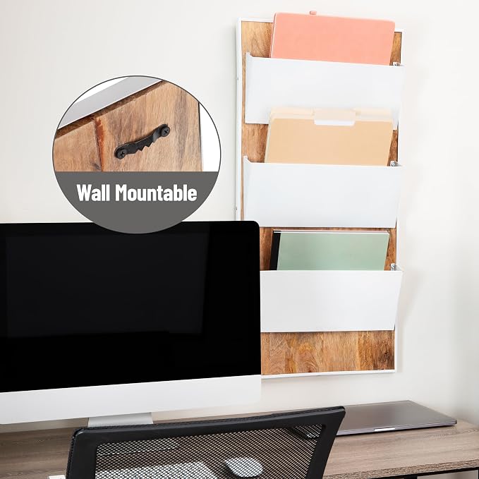 Mind Reader 3-Tier Wall-Mounted File Organizer, Wood and Metal Vertical Rack for Mail, Magazines, and Documents, Metal, Wood, White - Image 4