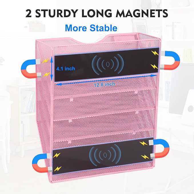 Magnetic 5 Pocket Mesh Hanging File Organizer, Wall Mounted Mail Paper Document Folder Holder, Clipboard Storage Organization Magazine Rack with Nametag Label for Office Home School, Pink - Image 2