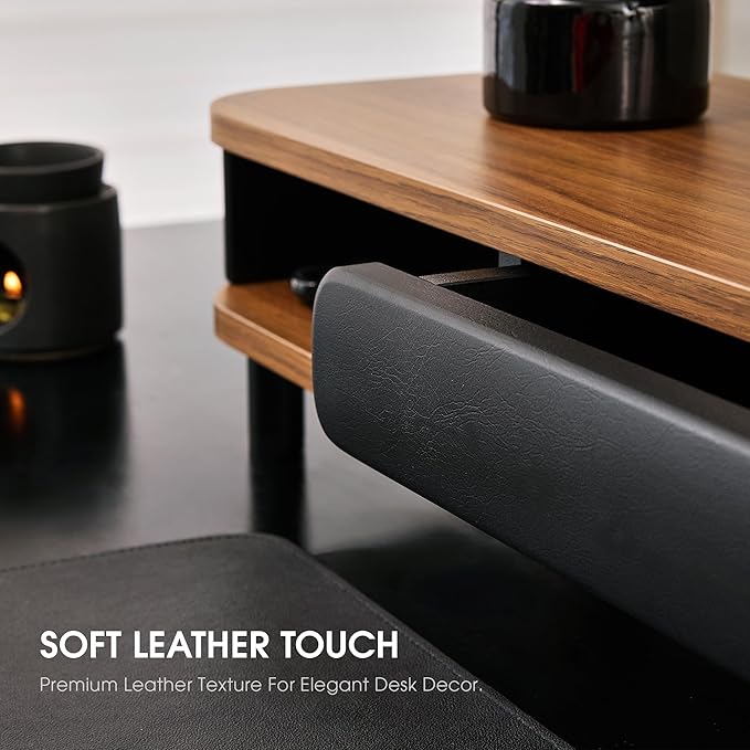 Fenge Dual Monitor Stand with Large Storage Drawer, 42.5" Dsek Shelf, Brown | Slide-Out Drawer with Soft Touch Leather, Ergonomic Monitor Riser, Aluminum leg, 2-Tier Desk Organizer for Laptop, TV, PC - Image 5