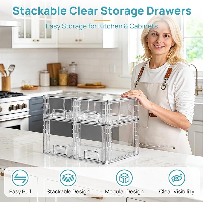 Vtopmart Clear Stackable Storage Drawers, 4 Pack Kitchen Cabinet Set | Medium and Small Pull-Out PET Drawers with Stackable Design for Kitchen Cabinets, Pantry, Under Sink, Medicine - Image 3