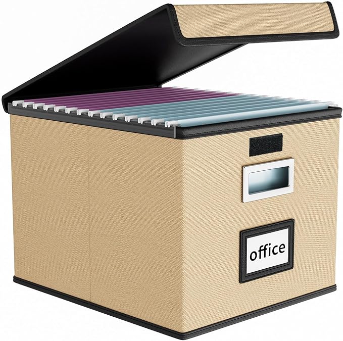 File Organizer Box with Lids, Collapsible File Folder Organizer | File Box with Plastic Slides for Office Document Storage, Filing Bin for Letter Size Hanging File Folders (1 Pack, Brown) by Huolewa