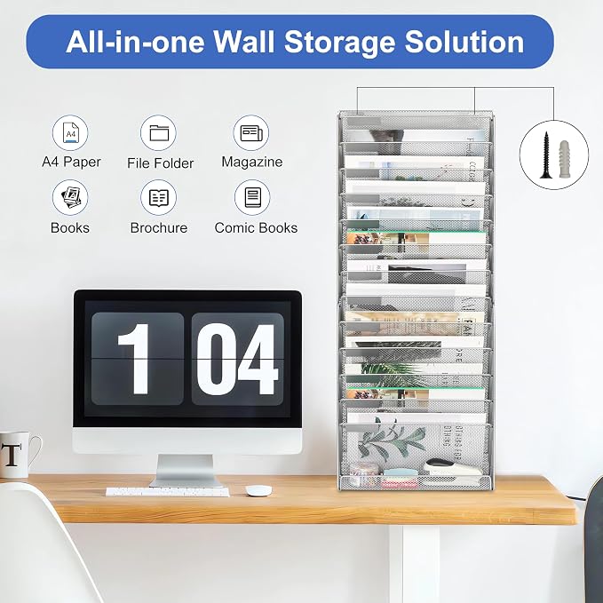 EasyPAG Wall File Holder 14 Tier Mesh Hanging Folder Organizer with Flat Tray Wall Mounted Mail Organizer Magazine Paper Desk Shelf with Nametag Label for Office Home School, Silver - Image 4