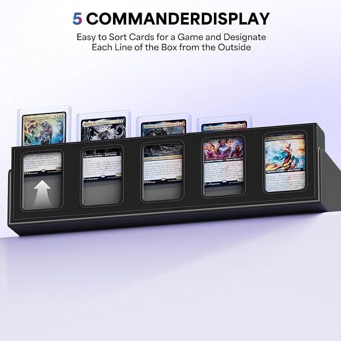 UAONO 5-Row Trading Card Storage Box with Commander Display, Black Grey | 3900+ Card Box with Removable Cover, Card Case Fits MTG TCG Sports Cards, 48 Dividers, 5 Stoppers, 5 Top Loaders, Dice Box - Image 4