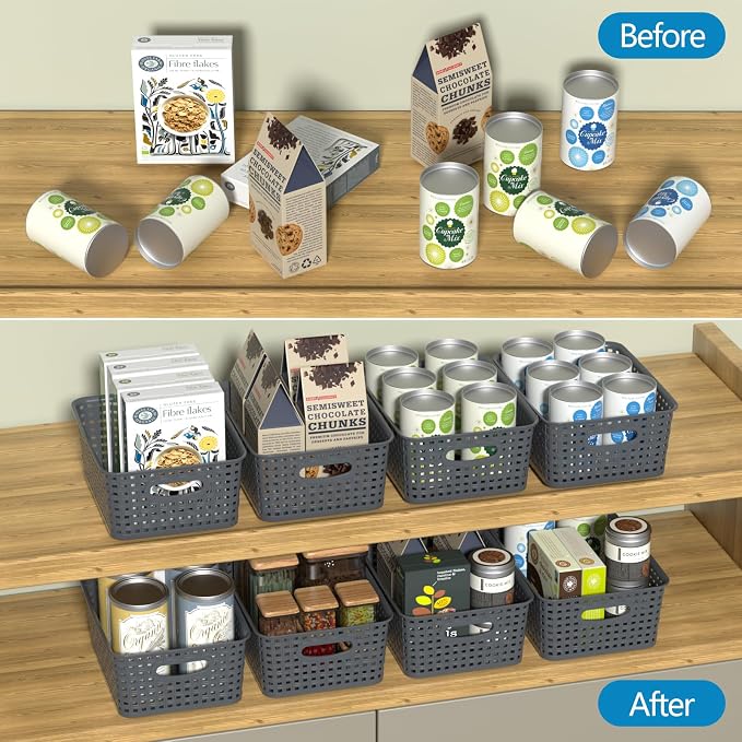 Zopnny 8 Pack Plastic Shelf Organizer Baskets, Small Storage Bins with Lid | Woven-Style Baskets with Lids, Stackable Space-Saving Design, Gray, Ideal For Pantry, Closet, Bathroom - Image 5
