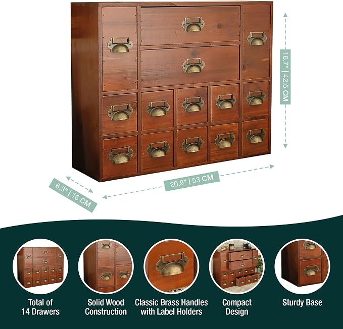 14-Drawer Apothecary Cabinet - Index Card Organizer - Miniature Chest of Drawers - Brass Handle Organizer - Kids' Arts and Crafts Storage - Wooden Desktop Drawer Organizer - Image 2