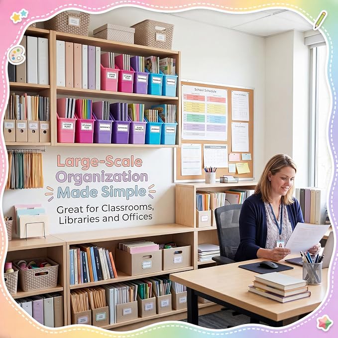 Blosssound 6 Set Book Bins for Classroom with Label Sticker Book Box Baskets Plastic Stackable Organizing Bins Storage & Organization for Classroom Library Home School Supplies (Purple Pastel) - Image 7