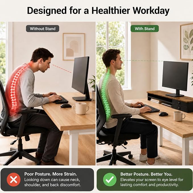 Dual Monitor Stand, 42.5 Inch Wood Monitor Riser with Drawers, 2 Tier Desktop Organizer for Computer Laptop TV, Large Screen Stand for Home Office Desk - Image 4