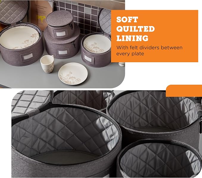 4-Piece Quilted China Plate Storage Set | Felt Dividers | Gray | 4-Piece Quilted Plate Set - Dinner, Salad, Dessert & Saucer Cases, 12 Plates Each. Felt Dividers, Dual Zippers. - Image 5