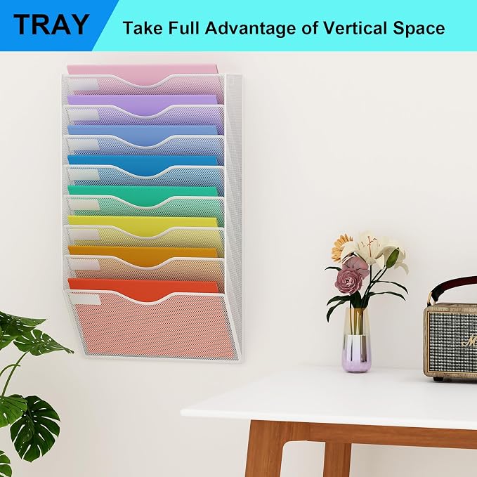 8 Pockets Mesh Hanging Wall File Holder Organizer Wall Mounted Paper Magazine Rack, White - Image 7