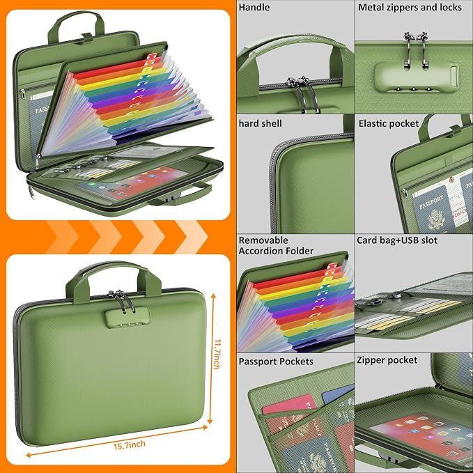 Tamfile Fireproof File Organizer with Lock,Hard Case Fireproof Document Box | 13 Colour Pockets Accordion File Folder, Office Home Important Document Organizer for Letter A4 Files Laptop Passports,Green - Image 4