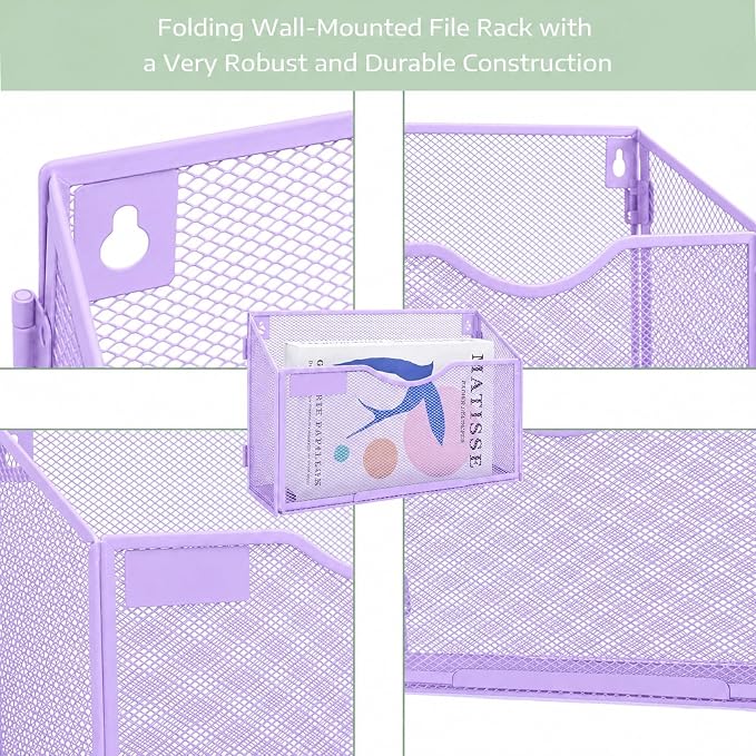 1 Pocket Mesh Wall File Holder Organizer Office Hanging File Folder Magazine Rack, Nametag Label Hooks Set Included (Purple) - Image 3