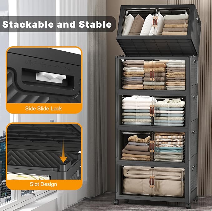 Stackable Storage Bins, 560QT Collapsible Drawers with 1 Lid | Large Capacity, Magnetic Door, Stack Lock, Rolling Wheels, Foldable Design, Organizers and Storage for Bedroom Dorm Garage - Image 3