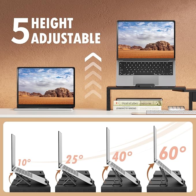 Dual Monitor Stand Riser - Computer Monitor Stand for 2 Monitors，Office Desktop Organizer，Adjustable Length and Angle 3 Shelf with Storage Drawer Phone Holder for Monitors and Laptops-Black - Image 3