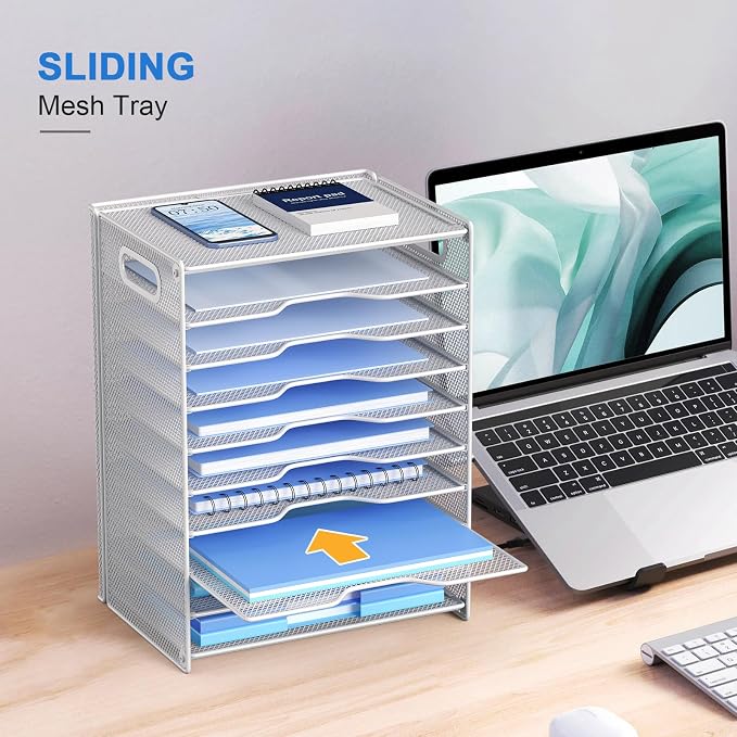 OUTWOLF 10 Tier Paper Organizer - Letter Tray Mesh Desk File Organizer with Handles for Office School Desktop, White - Image 4