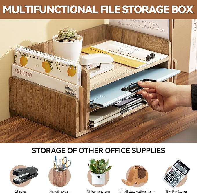 KIRIGEN Wood Desk Organizer, 5-Tray Letter Tray and Mail Sorter, Brown 2TP | Solid Wood 3-Tier Desktop Organizer with 5 Storage Areas for Mail, Folders, Letter Paper and Office Supplies, Fully Assembled - Image 2