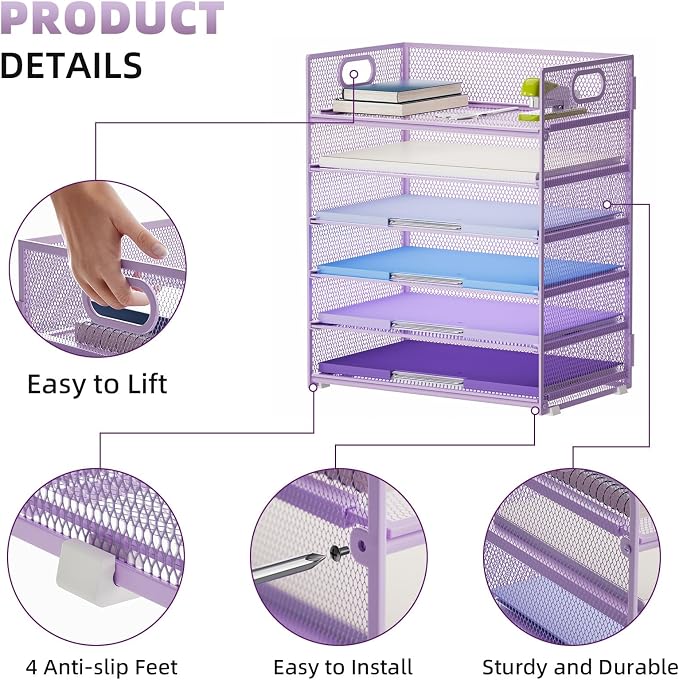 Marbrasse 6 Tier Paper Organizer Letter Tray - Mesh Desk File Organizer with Handle, Paper Sorter for Letter/A4 Office File Folder Holder - Purple - Image 4