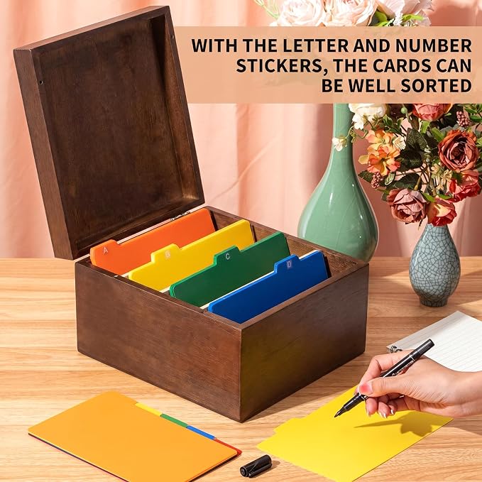 Henoyso 5 x 8 Inch Index Card Holder Set, Bamboo Index Cards Organizer, 50 Pcs Dividers 2 Sheets Alphabet Number Stickers File Note Holders for Office Business Classroom, Brown - Image 4