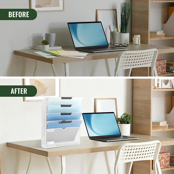 6 Tier Mesh Hanging Wall File Organizer, Desk Vertical Mail Paper Document Folder Holder Rack with Bottom Tray and Nametag Label for Office Home School, White - Image 5