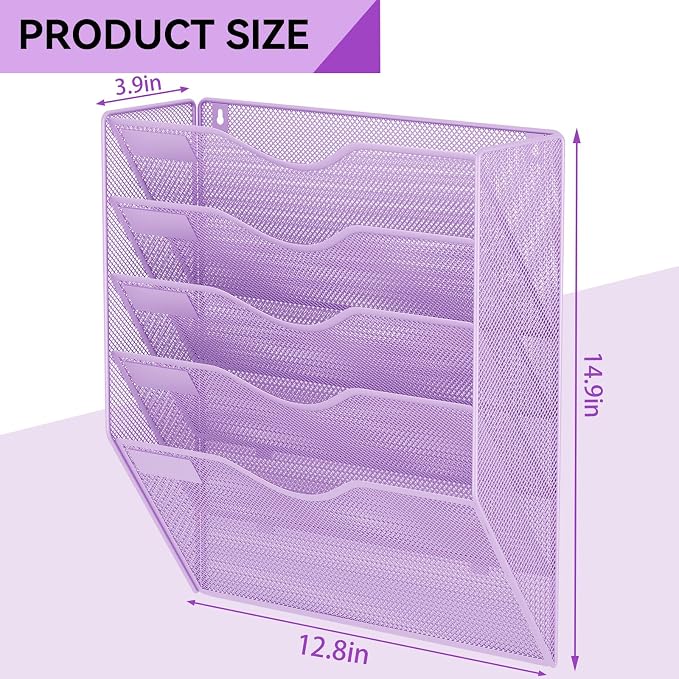 5 Pockets Hanging Wall File Organizer Mail Holder, Wall Mounted Paper Document Folder Holder, Clipboard Storage Organization Magazine Rack, Light Purple - Image 3