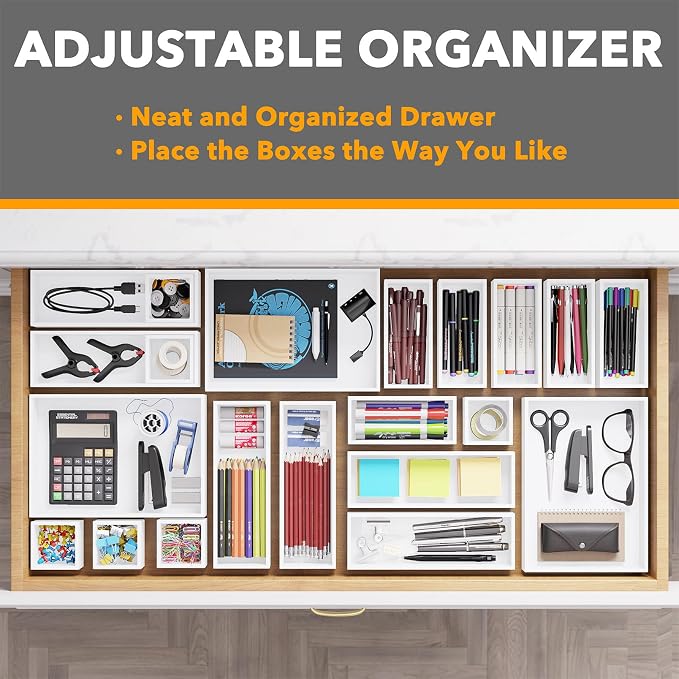 SpaceAid 21-Piece Bamboo Drawer Organizer Storage Boxes Set, Wood Tray Junk Drawer Organizers Multi-Use Divider Bins for Kitchen, Bathroom, Office Desk and Makeup Organization (21 Pack, White) - Image 5