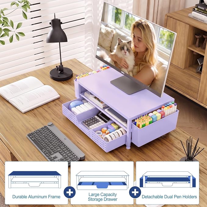 Desk Organizers and Accessories, Computer Monitor Stand Riser with Drawer and 2 Pen Holders, Printer & Laptop Stand, Office Desk Accessories & Workspace Organizers for Home Office Supplies, Purple - Image 5