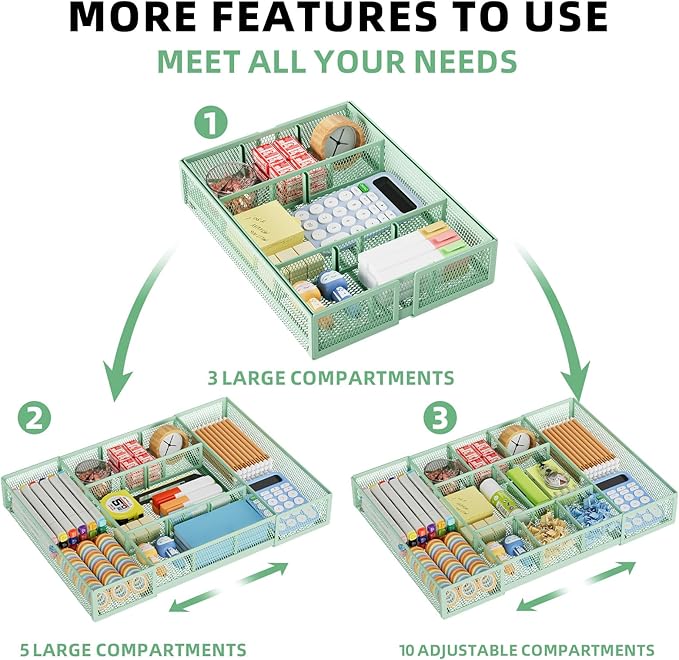 Marbrasse Expandable Desk Drawer Organizer, Mesh Drawer Organizer Tray with 10 Adjustable Compartments, Desk Organizers and Accessories for Office Supplies, Makeup & Vanity (Expandable-Green) - Image 5