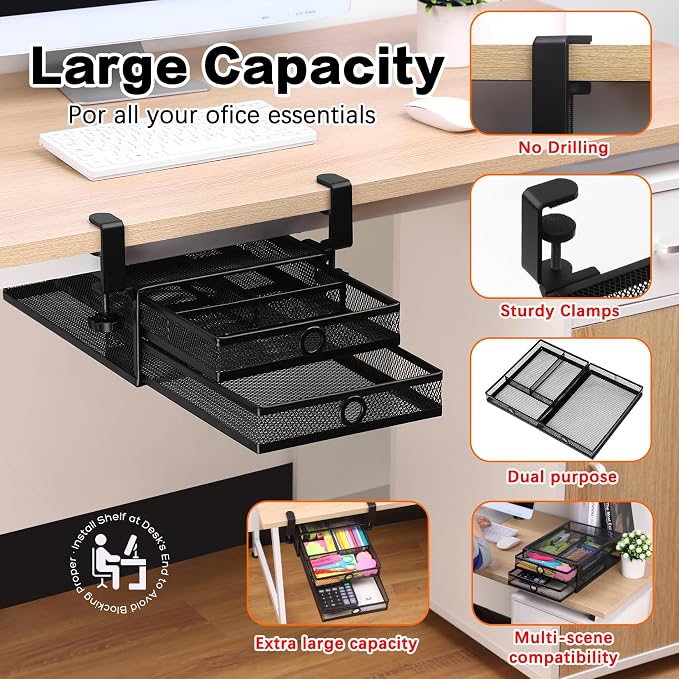 ROSYLINE Under Desk & Desktop Drawer Organizer, 2-Tier Big Capacity | Steel Construction, Clip-On No Drill Installation, Fits A4 Paper, for Office & Household Supplies - Image 7