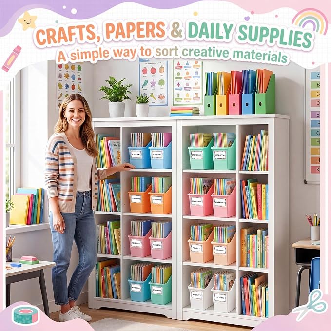 Blosssound 12 Set Book Bins for Classroom with Label Sticker Book Box Baskets Plastic Stackable Organizing Bins Storage & Organization for Classroom Library Home School Supplies (Cloud Pastel) - Image 5