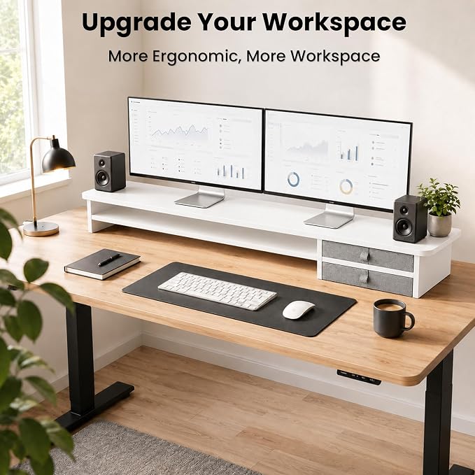 Dual Monitor Stand, 42.5 Inch Wood Monitor Riser with Drawers, 2 Tier Desktop Organizer for Computer Laptop TV, Large Screen Stand for Home Office Desk - Image 8