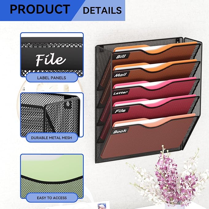 5 Pockets Hanging Wall File Organizer Mail Holder, Wall Mounted Paper Document Folder Holder, Clipboard Storage Organization Magazine Rack, Black - Image 4