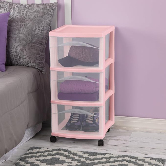 Sterilite 4 Pack 3 Drawer Storage Cart, Plastic Rolling Organization, Pink | Clear Plastic Organizer Drawers with Wheels for Craft Supplies, Bath Essentials, or Home Accessories - Image 4