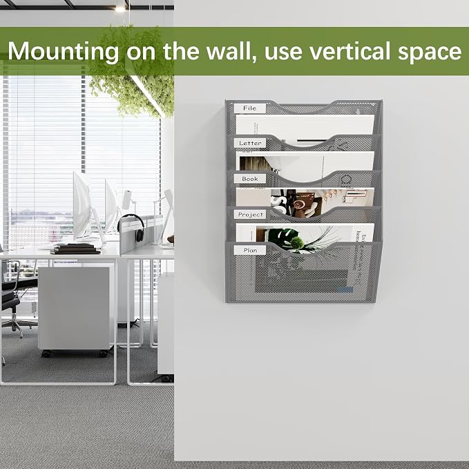 EasyPAG Wall File Organizer 5 Tier Hanging Paper Folder Holder, Zero Assembly Metal Mesh Wall Mounted Mail Organizer for Office Home Classroom Narrow Spaces, Silver - Image 4