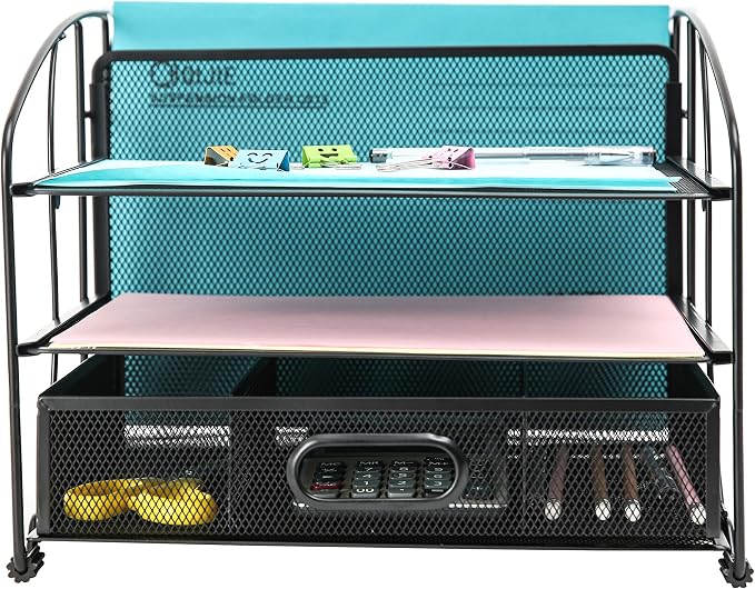 Exerz Mesh Desk Organiser Office Supplies 3 Trays/Desktop File Holder with Sliding Drawer and Hanging File Holder/Paper sorters/Vertical Upright Section for Office Home Multifunctional (Black New) - Image 4