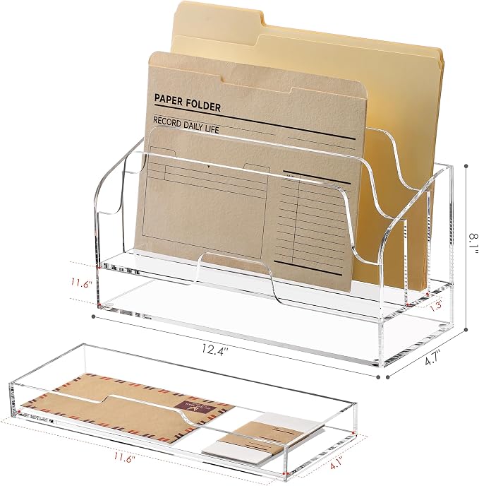 SANRUI Clear Desk Organizer Holder with Drawers, Acrylic File Mail Sorter | 3 Compartments, Desktop Manila Folders Box, Office Desk Accessories & Workspace Envelope Bill Letter Organization Racks - Image 2