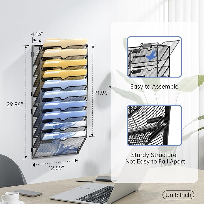 DALTACK 10 Tier Wall File Organizer, Mail Organizer Wall Mounted, Black | Hanging File Organizer for Papers&Clipboard&Magazine, Suitable for Office Home School Classroom, Assembly Needed, Black - Image 4