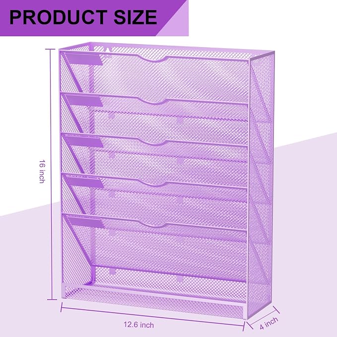 Hanging Wall File Organizer 6 Tier Wall Mounted Mail Paper Folder Holder Document Organization Stand, Vertical Desk Magazine Rack for Office Home Cubicle Countertop, Light Purple - Image 3