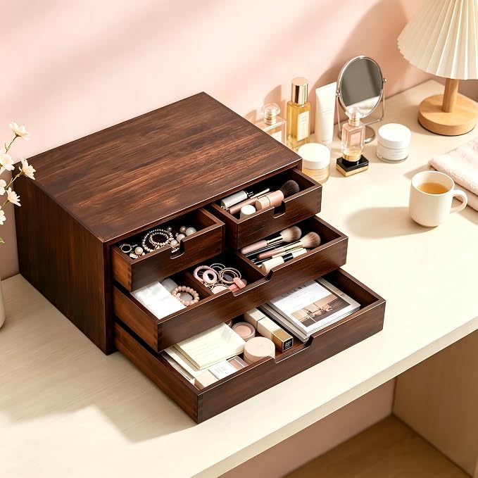 Bamboo Desk Organizer, 100% Natural Bamboo Desktop Drawer Organizer, Dark Brown Tabletop Storage Cabinet Organization Box with 4 Drawer for Makeup, Letter, Home, 3 Layer, Fully Assemble - Image 8