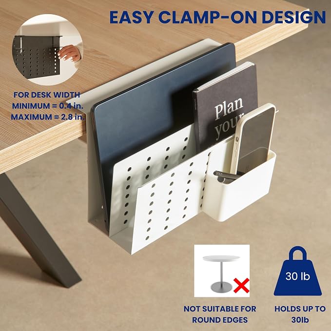 GAROOD Laptop Side Storage Vertical Stand Under Desk top Storage Clamp On Desktop Shelf Hanging Desk Organizer Computer Mount Side Table Organizer Caddy Book Caddy - Two Tier White - Image 5