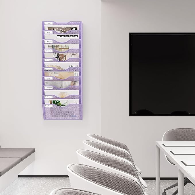 EasyPAG 10 Pocket Mesh Wall File Organizer, Hanging Paper Folder Holder with Classify Label, Vertical Wall Mount Mail Organizer for Office Home Classroom, Purple - Image 8