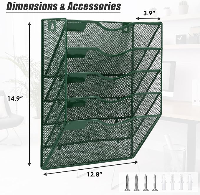 5 Pocket Mesh Hanging File Organizer, Wall Mounted Mail Paper Document Folder Holder, Clipboard Storage Organization Magazine Rack with Nametag Label for Office Home School, Dark Green - Image 2