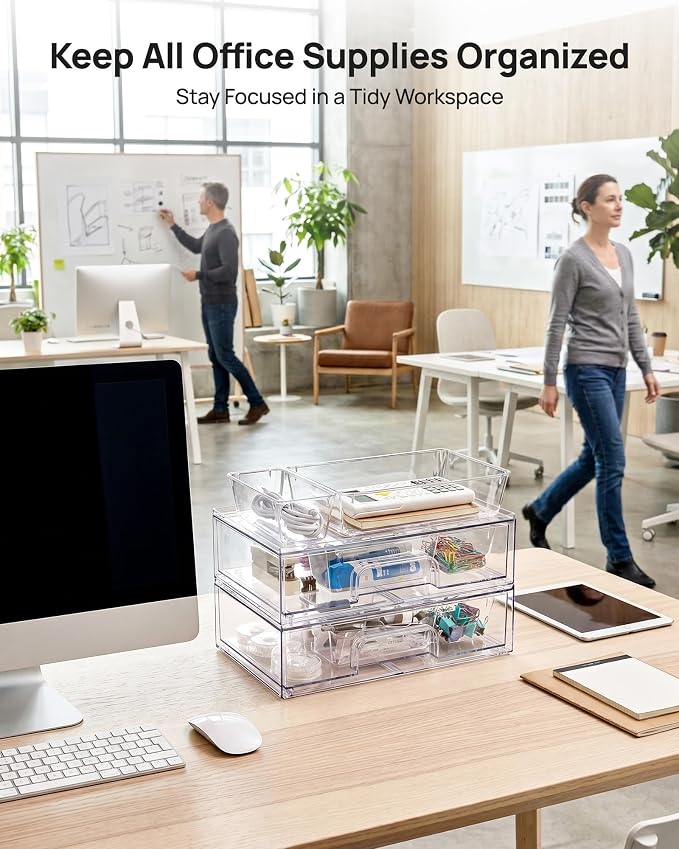Vtopmart 12-Pack Clear Makeup Organizer Set with Drawer Organizer Bins | 2 Pack Stackable Storage Drawers & 10 Pack Drawer Organizer for Vanity Cosmetic, Bathroom Countertop, Desk - Image 8