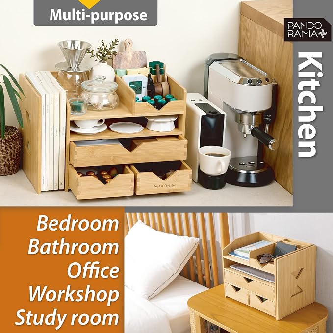 Pandorama Bamboo Desk Organizer Large - A4 Drawers & Adjustable File Holder, Fully Assembled Wood Desktop Storage for Kitchen, Bedroom, Bathroom, Study Room - Image 5