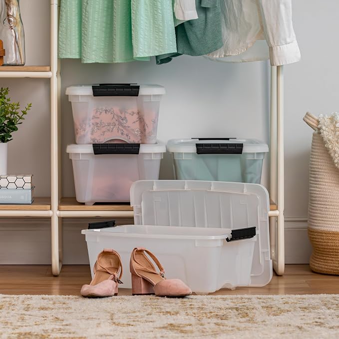 IRIS USA 4-Pack 13 Quart Storage Bins with Lids, Pearl | Conceals contents for a clean look. Ideal for shoes, photos, documents, and small essentials. Nestable design saves space - Image 3