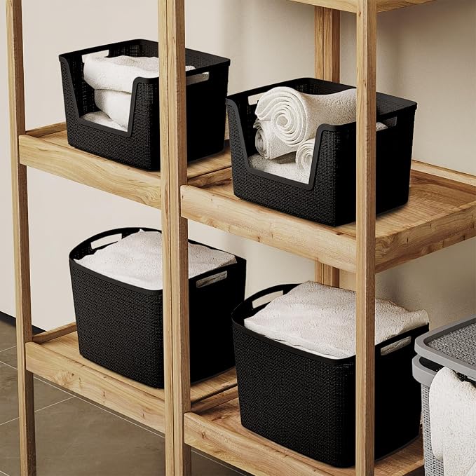 Curver Set of 4 Large 18L Easy Access Jute Decorative Plastic Organization and Storage Baskets - Perfect Bins for Home Office, Closet Shelves, Kitchen Pantry and All Bedroom Essentials, Black - Image 6